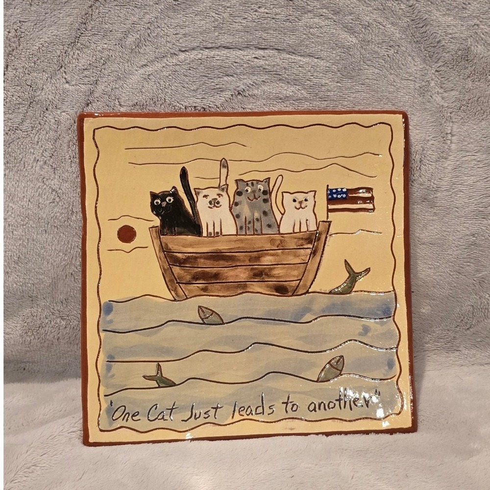 Red Oak Pottery One Cat Just Leads To Another Terracotta Art Tile Easton IL 7in